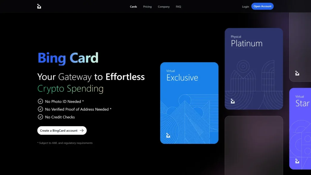 BingCard's homepage advertising virtual and physical crypto cards with no photo ID or credit checks required